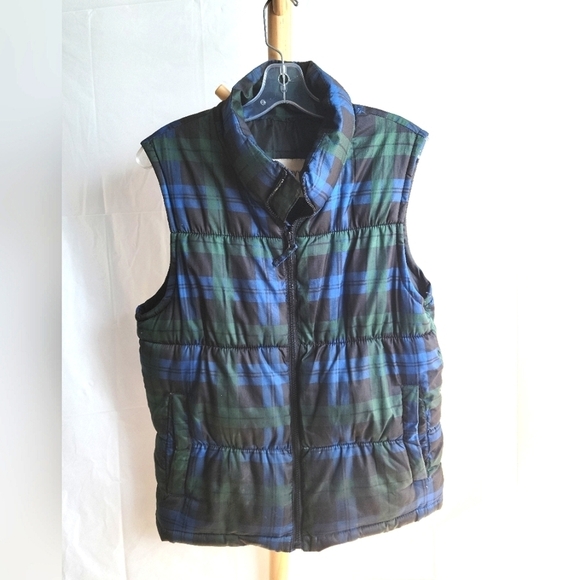 Mens Old Navy Plaid Puffer  Green Black Blue Vest Small - Picture 1 of 7